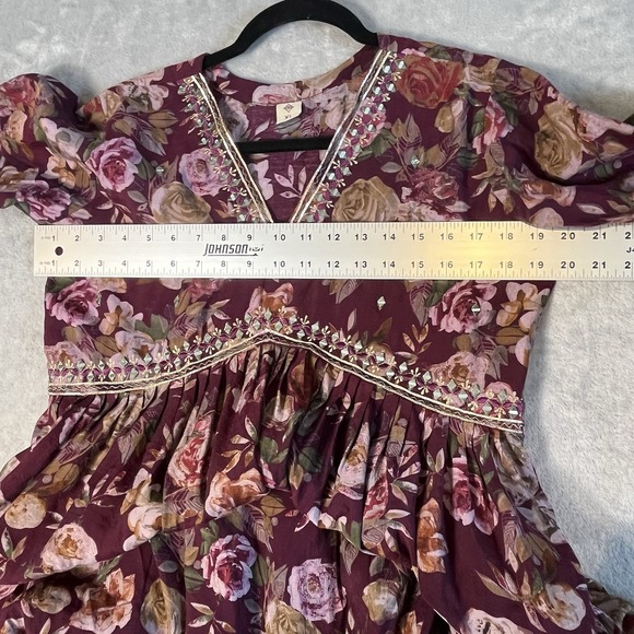 Indian‎ Burgundy Floral Dress Tunic Women's XL Embellished V-neck Party Festival - Picture 10 of 14